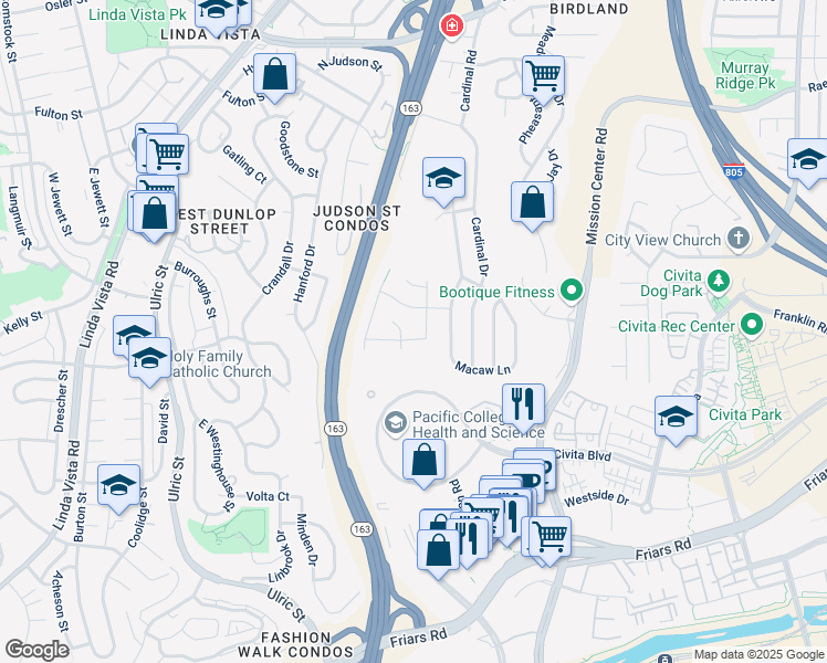 map of restaurants, bars, coffee shops, grocery stores, and more near 2061 Seagull Lane in San Diego