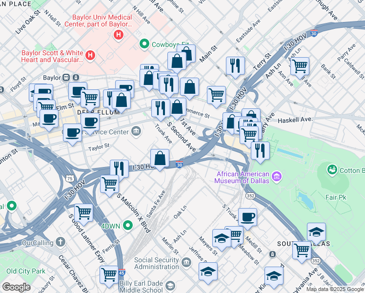 map of restaurants, bars, coffee shops, grocery stores, and more near 1717 Baylor Street in Dallas