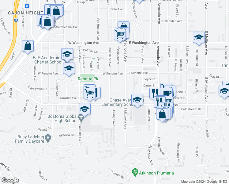map of restaurants, bars, coffee shops, grocery stores, and more near 1013 South Sunshine Avenue in El Cajon