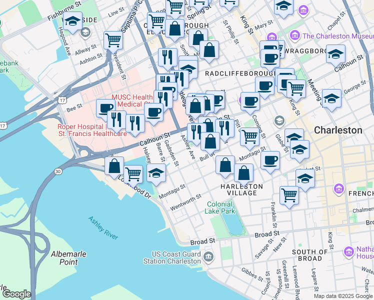 map of restaurants, bars, coffee shops, grocery stores, and more near 123 Ashley Avenue in Charleston