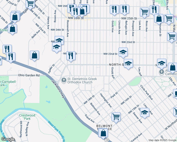map of restaurants, bars, coffee shops, grocery stores, and more near 2017 Columbus Avenue in Fort Worth