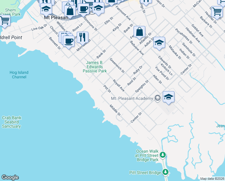 map of restaurants, bars, coffee shops, grocery stores, and more near 640 Pitt Street in Mount Pleasant