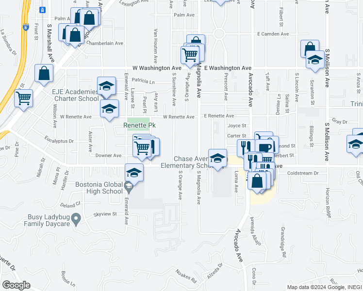 map of restaurants, bars, coffee shops, grocery stores, and more near 960 South Sunshine Avenue in El Cajon