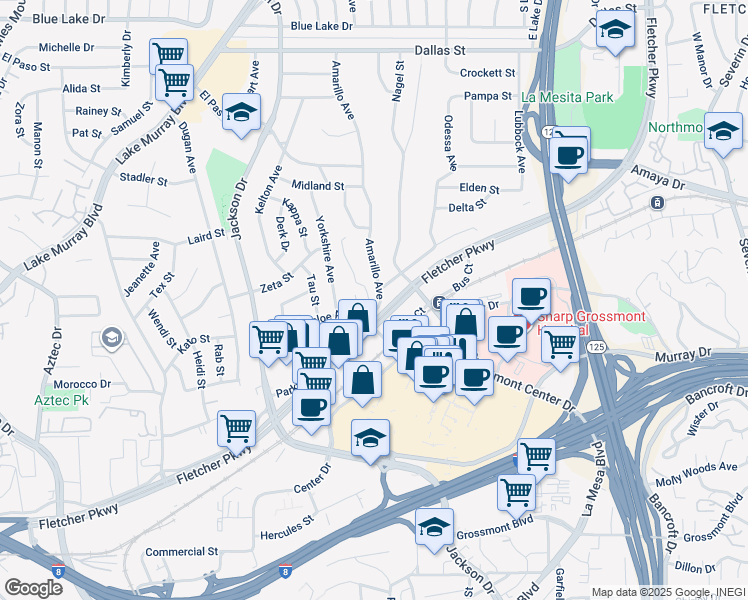map of restaurants, bars, coffee shops, grocery stores, and more near 5705 Amarillo Avenue in La Mesa