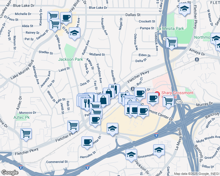 map of restaurants, bars, coffee shops, grocery stores, and more near 5708 Lambda Lane in La Mesa