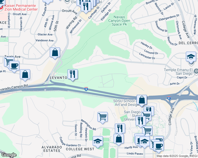 map of restaurants, bars, coffee shops, grocery stores, and more near 5553 Adobe Falls Road in San Diego