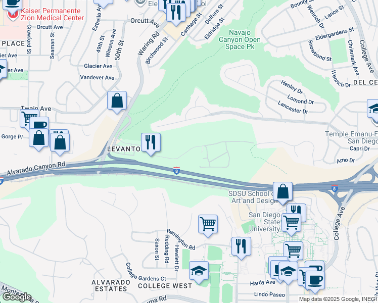 map of restaurants, bars, coffee shops, grocery stores, and more near 5482 Adobe Falls Road in San Diego