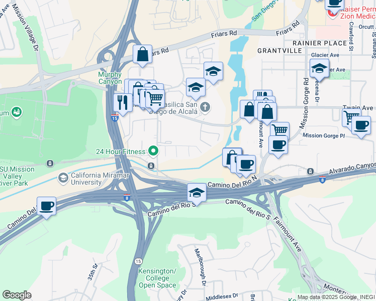 map of restaurants, bars, coffee shops, grocery stores, and more near 10677 Caminito Cascara in San Diego