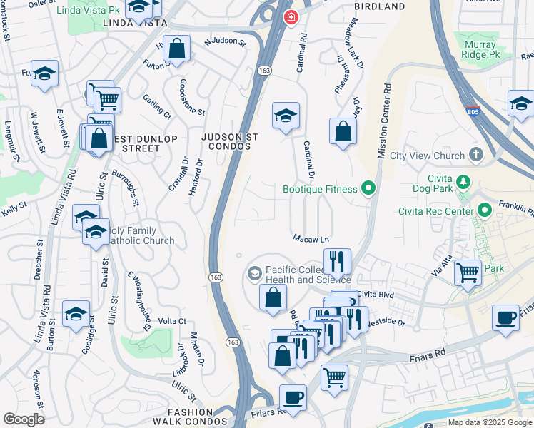 map of restaurants, bars, coffee shops, grocery stores, and more near 2061 Seagull Lane in San Diego