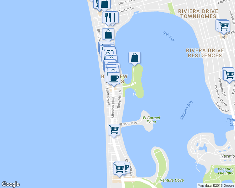 map of restaurants, bars, coffee shops, grocery stores, and more near 815 Santa Clara Place in San Diego