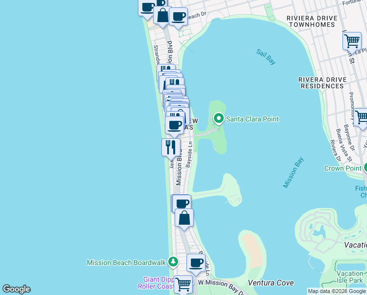 map of restaurants, bars, coffee shops, grocery stores, and more near 815 Santa Clara Place in San Diego