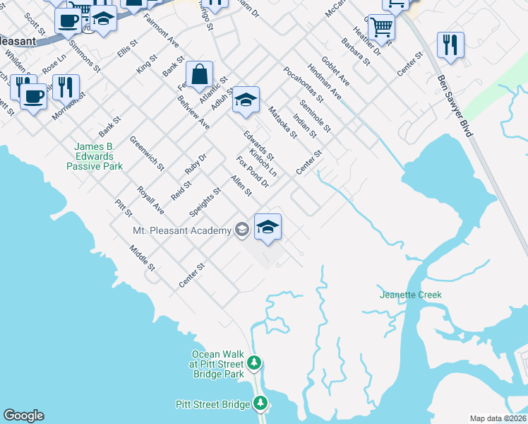 map of restaurants, bars, coffee shops, grocery stores, and more near 1483 Allen Street in Mount Pleasant