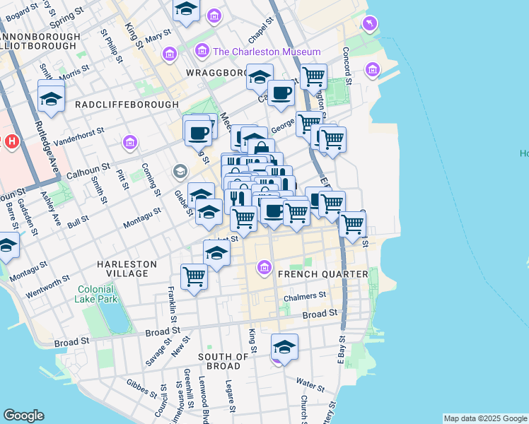 map of restaurants, bars, coffee shops, grocery stores, and more near 237 Meeting Street in Charleston