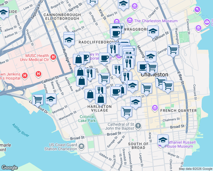 map of restaurants, bars, coffee shops, grocery stores, and more near 34 Pitt Street in Charleston