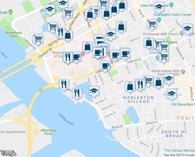 map of restaurants, bars, coffee shops, grocery stores, and more near 80 Barre Street in Charleston