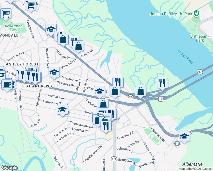 map of restaurants, bars, coffee shops, grocery stores, and more near 523 Saint Andrews Boulevard in Charleston