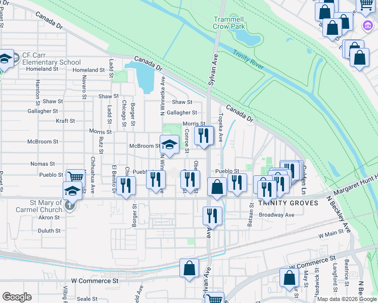map of restaurants, bars, coffee shops, grocery stores, and more near 3331 Obenchain Street in Dallas