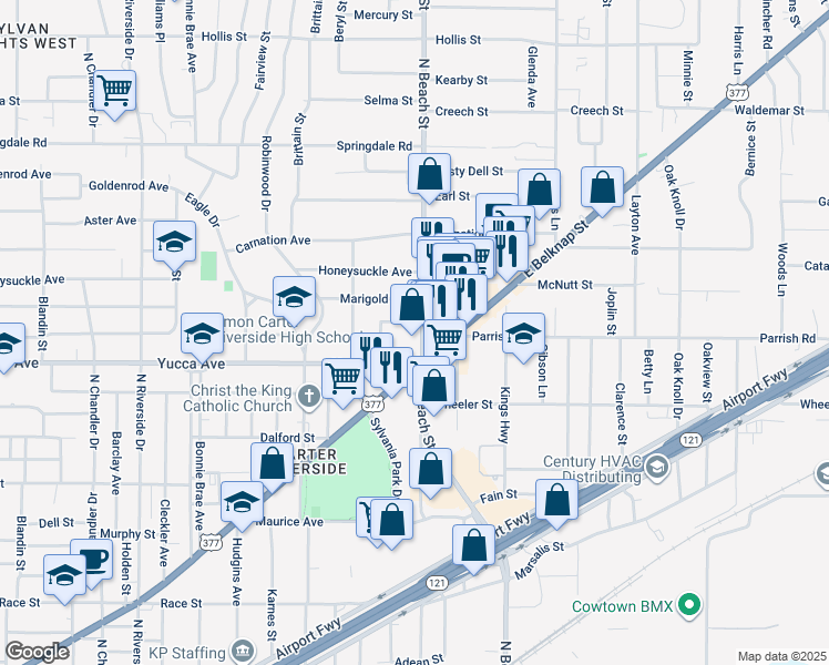 map of restaurants, bars, coffee shops, grocery stores, and more near 3813 Primrose Avenue in Fort Worth