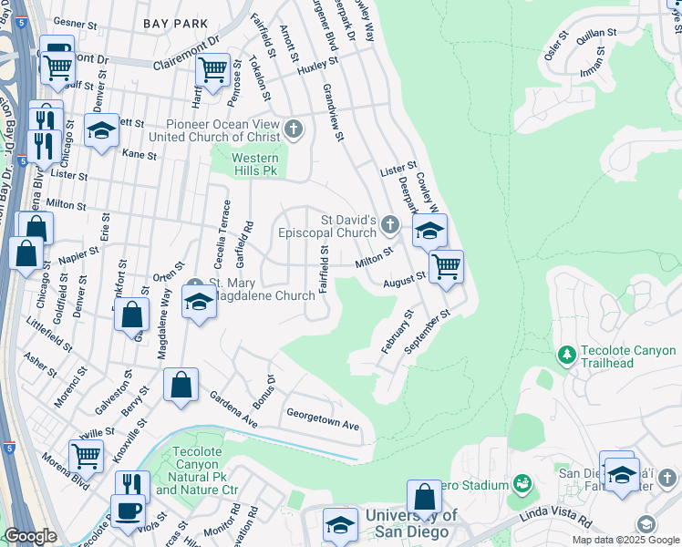 map of restaurants, bars, coffee shops, grocery stores, and more near 5001 Milton Street in San Diego