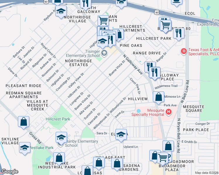 map of restaurants, bars, coffee shops, grocery stores, and more near 1623 Alta Vista Street in Mesquite