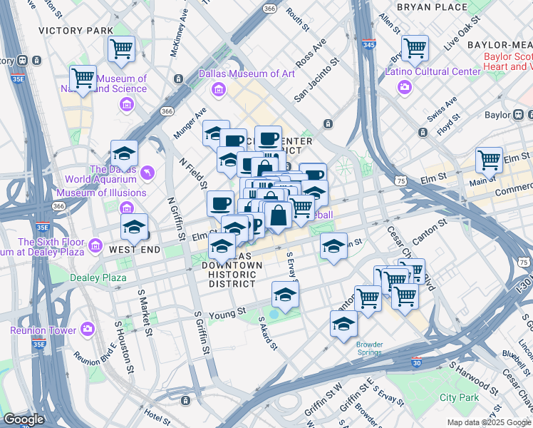map of restaurants, bars, coffee shops, grocery stores, and more near 1601 Elm Street in Dallas