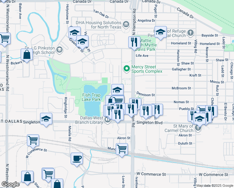 map of restaurants, bars, coffee shops, grocery stores, and more near 2200 Dennison Street in Dallas