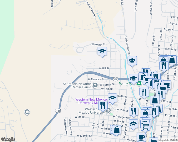 map of restaurants, bars, coffee shops, grocery stores, and more near 1000 West Hill Street in Silver City
