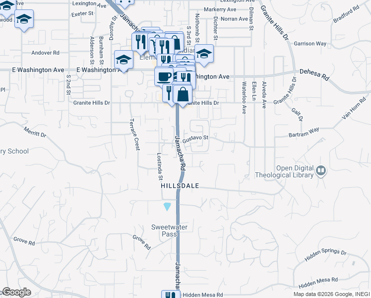 map of restaurants, bars, coffee shops, grocery stores, and more near 1539 Gustavo Street in El Cajon