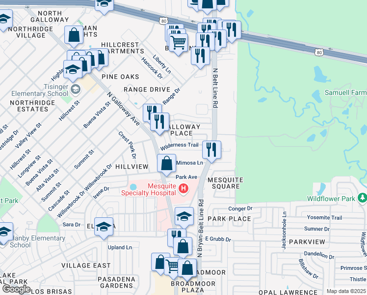 map of restaurants, bars, coffee shops, grocery stores, and more near 226 Wilderness Trail in Mesquite