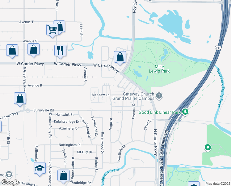 map of restaurants, bars, coffee shops, grocery stores, and more near 2105 Oakwood Drive in Grand Prairie