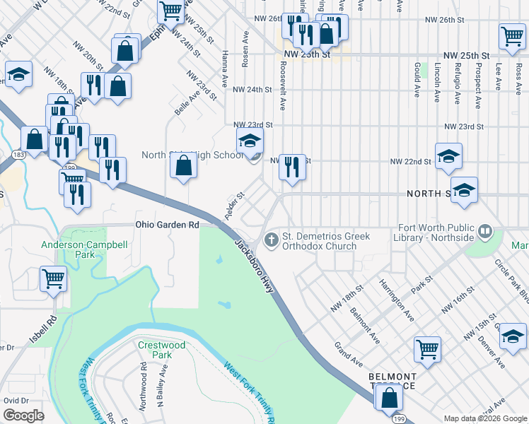 map of restaurants, bars, coffee shops, grocery stores, and more near 2056 Standifer Avenue in Fort Worth