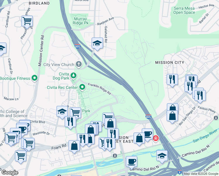 map of restaurants, bars, coffee shops, grocery stores, and more near 2686 Franklin Ridge Road in San Diego