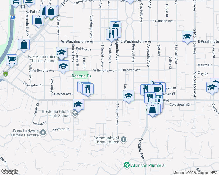 map of restaurants, bars, coffee shops, grocery stores, and more near 960 South Sunshine Avenue in El Cajon