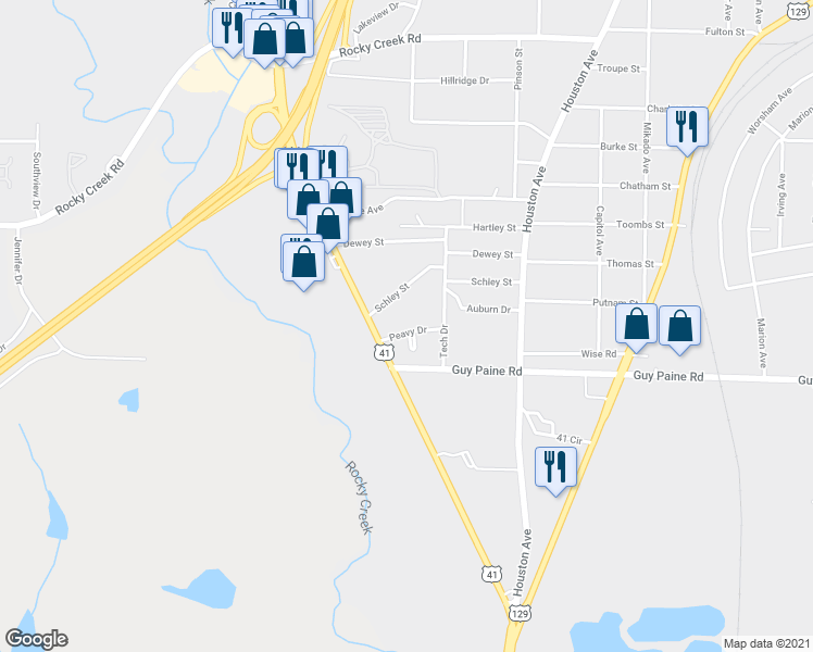 map of restaurants, bars, coffee shops, grocery stores, and more near 1357 Peavy Drive in Macon