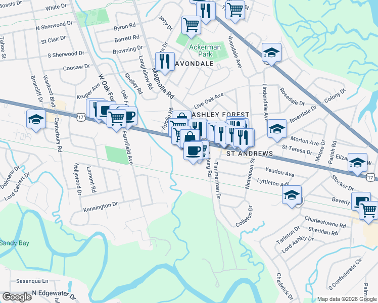 map of restaurants, bars, coffee shops, grocery stores, and more near 975 Savannah Highway in Charleston
