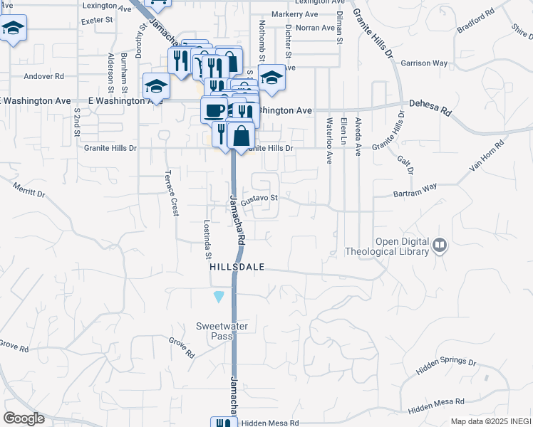map of restaurants, bars, coffee shops, grocery stores, and more near 1539 Gustavo Street in El Cajon