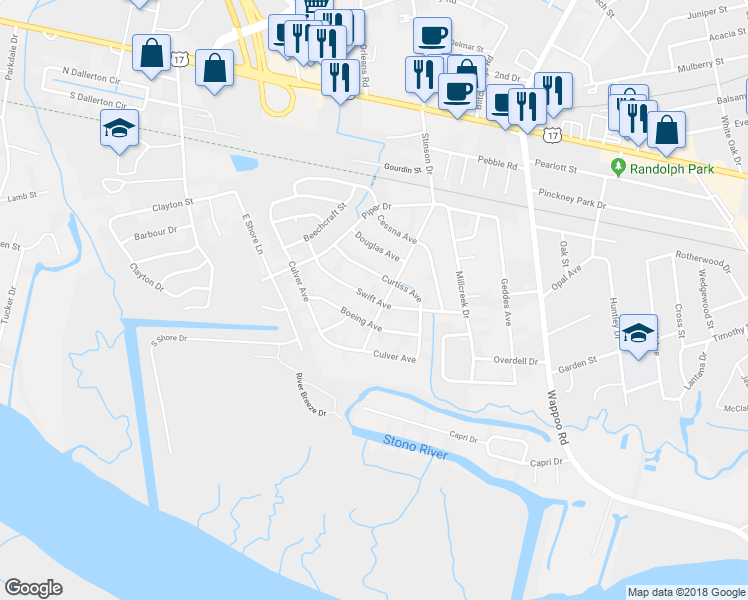 map of restaurants, bars, coffee shops, grocery stores, and more near 305 Swift Avenue in Charleston