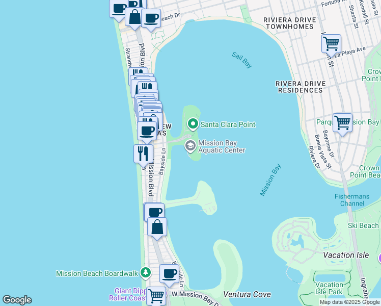 map of restaurants, bars, coffee shops, grocery stores, and more near 1001 Santa Clara Place in San Diego