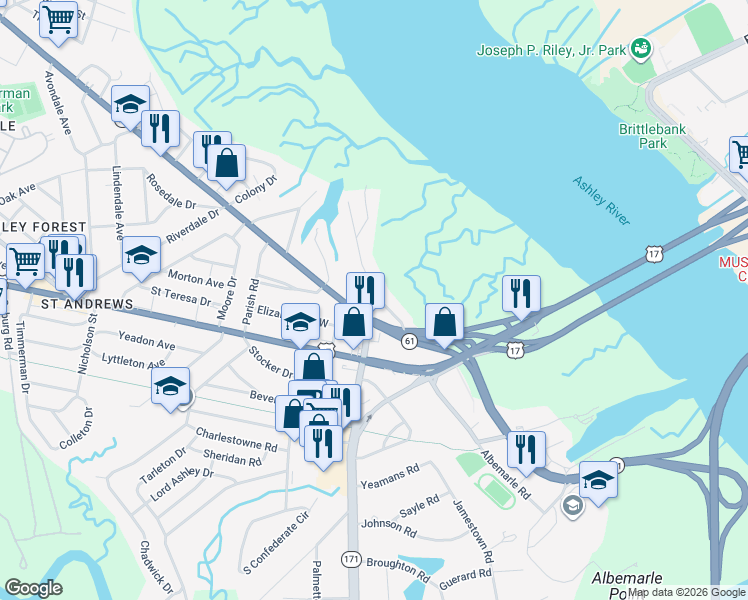 map of restaurants, bars, coffee shops, grocery stores, and more near 736 Woodward Road in Charleston