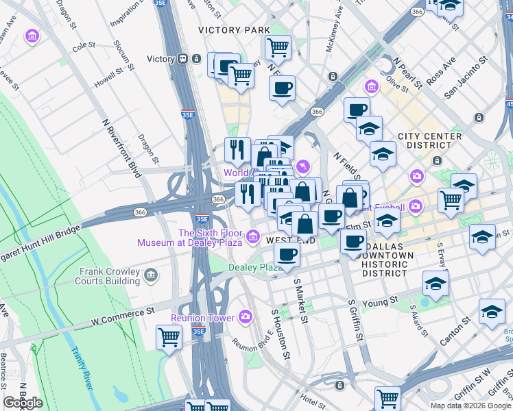 map of restaurants, bars, coffee shops, grocery stores, and more near 1951 North Record Street in Dallas