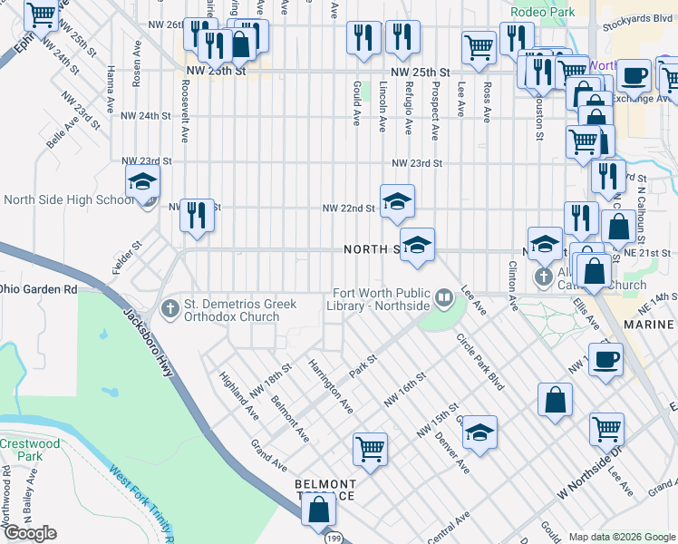 map of restaurants, bars, coffee shops, grocery stores, and more near 2019 Gould Avenue in Fort Worth