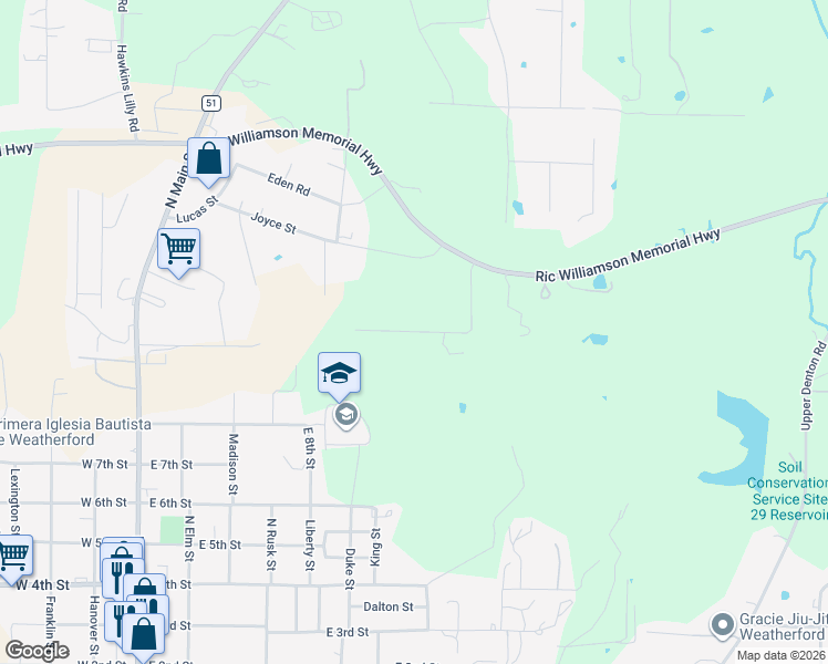map of restaurants, bars, coffee shops, grocery stores, and more near 2284 Tanglewood Street in Weatherford