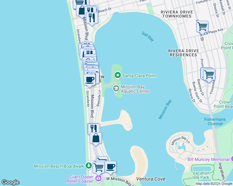 map of restaurants, bars, coffee shops, grocery stores, and more near 1001 Santa Clara Place in San Diego