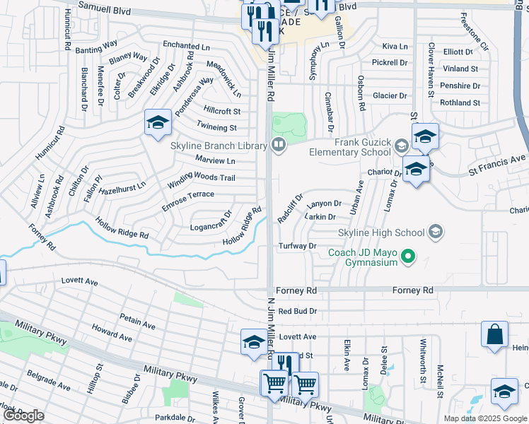 map of restaurants, bars, coffee shops, grocery stores, and more near 5052 Hollow Ridge Road in Dallas