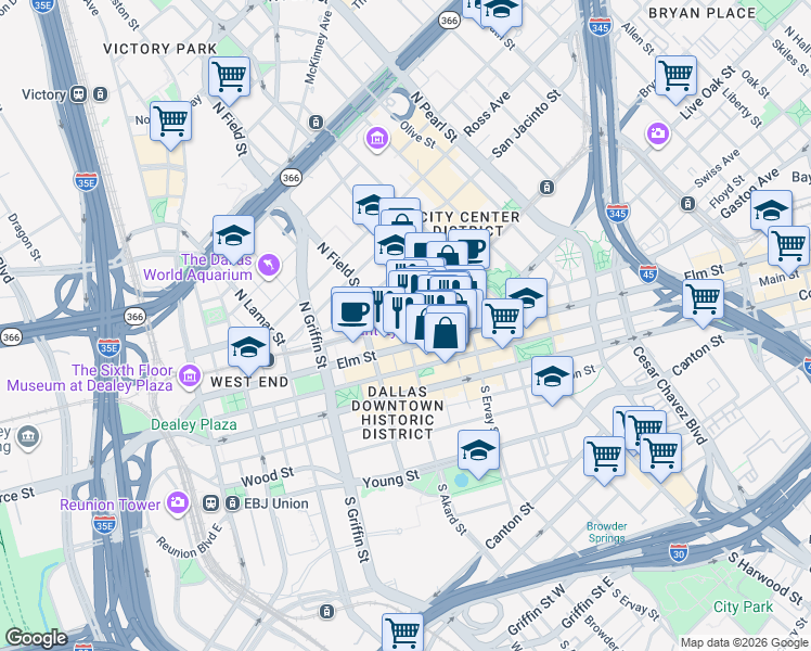 map of restaurants, bars, coffee shops, grocery stores, and more near N Akard St & Pacific Ave in Dallas