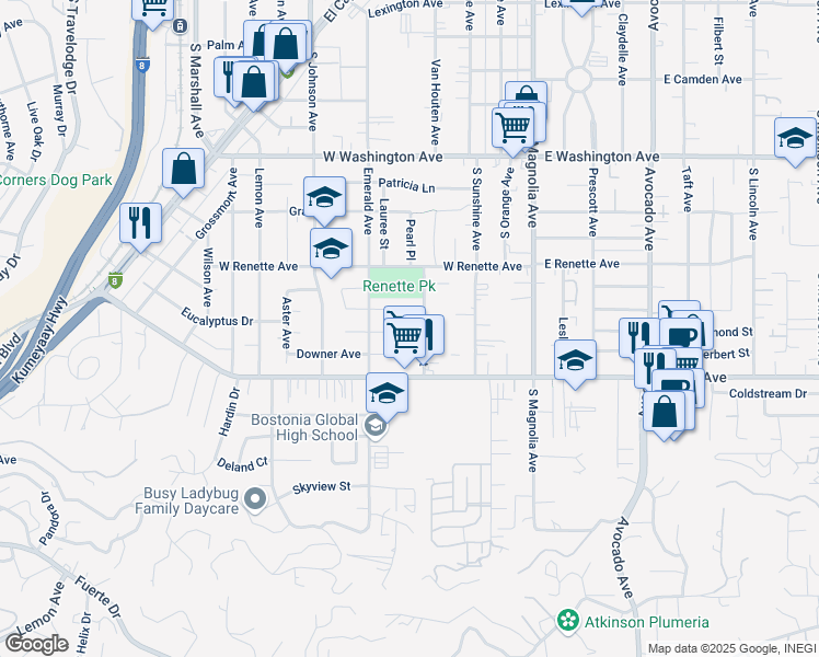 map of restaurants, bars, coffee shops, grocery stores, and more near 960 Estes Street in El Cajon