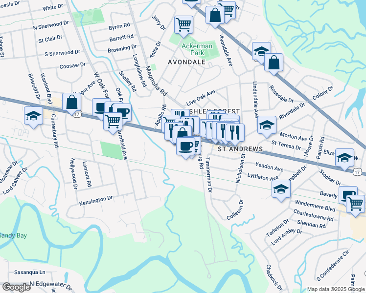 map of restaurants, bars, coffee shops, grocery stores, and more near 975 Savannah Highway in Charleston