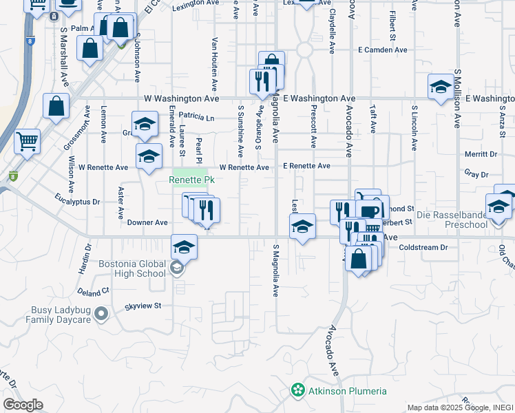 map of restaurants, bars, coffee shops, grocery stores, and more near 960 South Sunshine Avenue in El Cajon