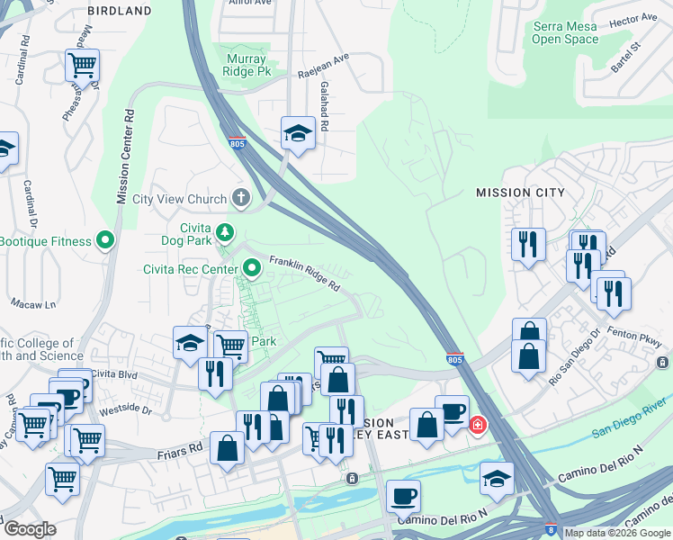 map of restaurants, bars, coffee shops, grocery stores, and more near 2686 Franklin Ridge Road in San Diego