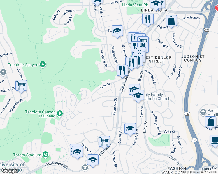 map of restaurants, bars, coffee shops, grocery stores, and more near 6728 Kelly Street in San Diego